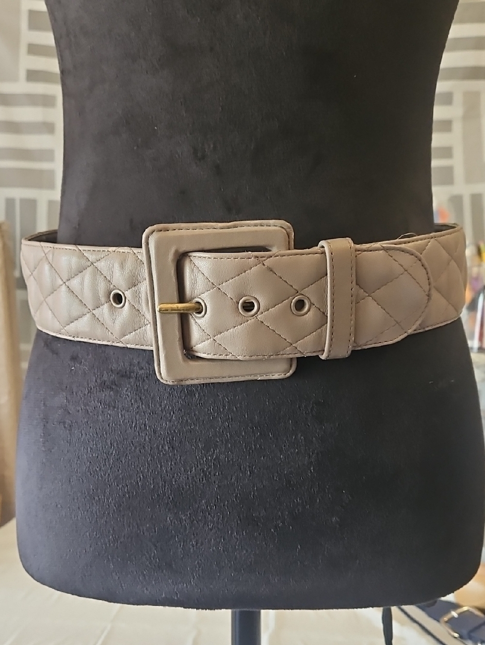 Talbots Quilted Taupe Wide Belt with Square Buckle